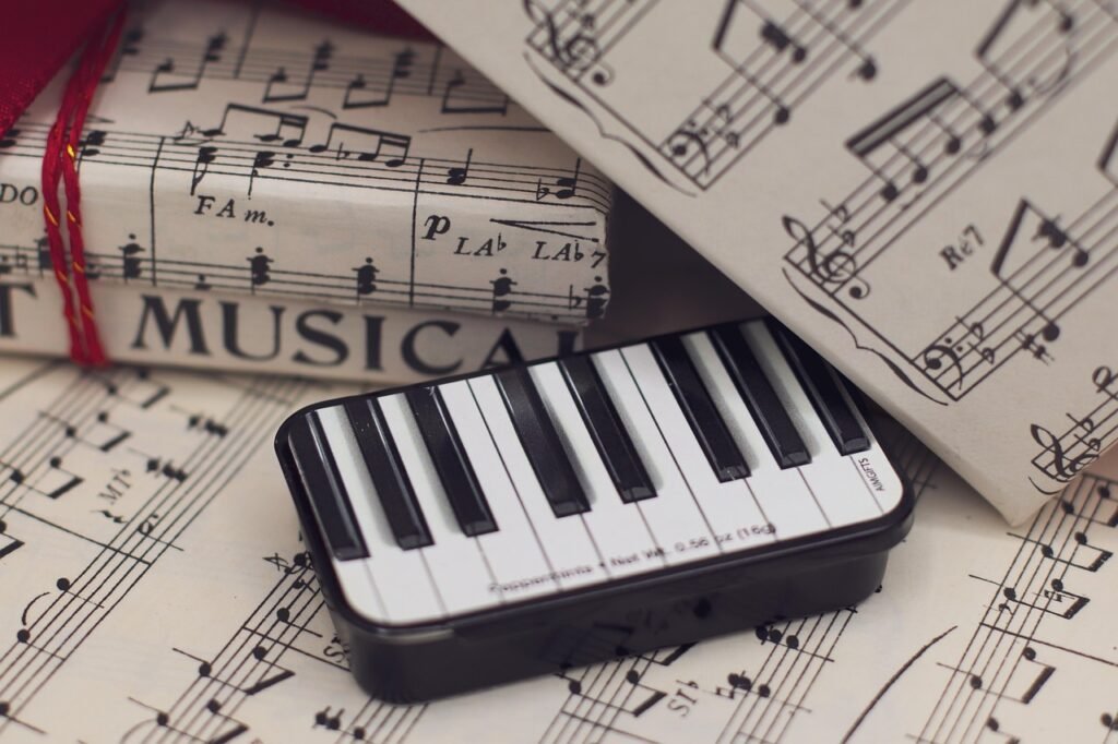 music, piano, sheet music, musical notes, melody, musical gift, keyboard, music lover, piano keys, wrapping paper, flat lay, creative, artistic, black and white, gift idea, musician, classical music, music background, music decor, musical style, composition, themed gift, instrument, musical packaging, harmony